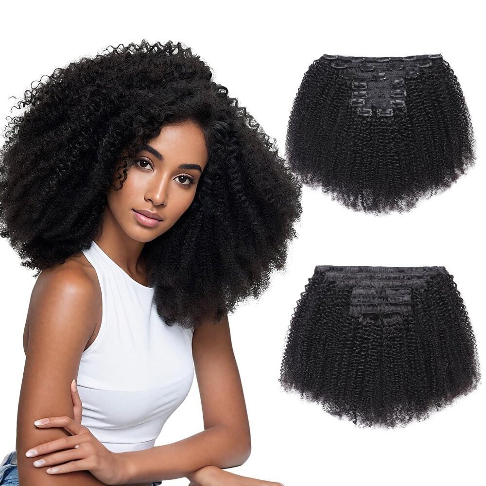 Afro Kinky Curly Clip In Hair Extensions Human Hair Natural Black 16 Inch